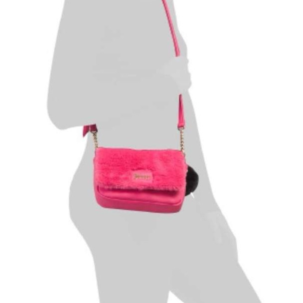 Juicy Couture Faux Fur Hot Pink Free Love Flap Crossbody & Black Fluffy Keychain - Picture 4 of 6